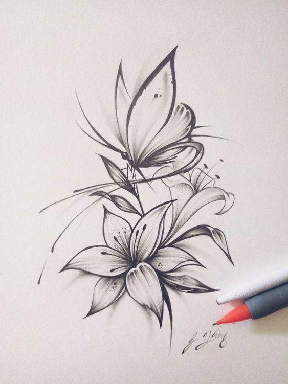 A black and white drawing of a butterfly and lilies.