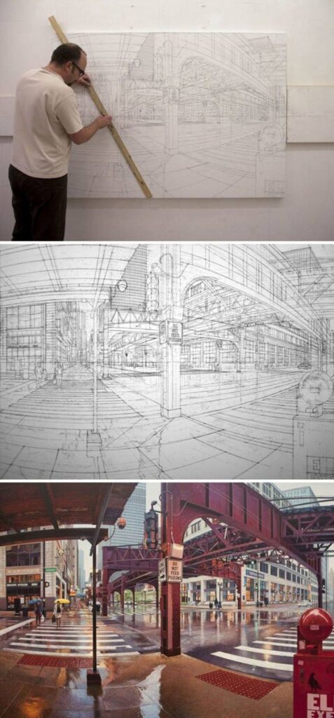 A man is working on a drawing of a city.