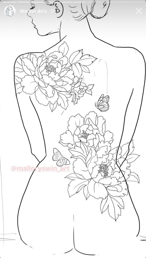 A drawing of a woman with flowers on her back.