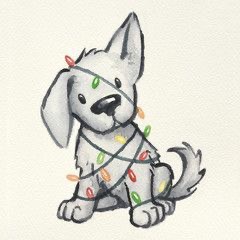 A drawing of a dog with christmas lights.