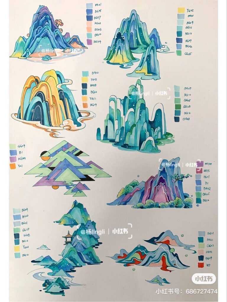 A drawing of mountains with different colors on it.