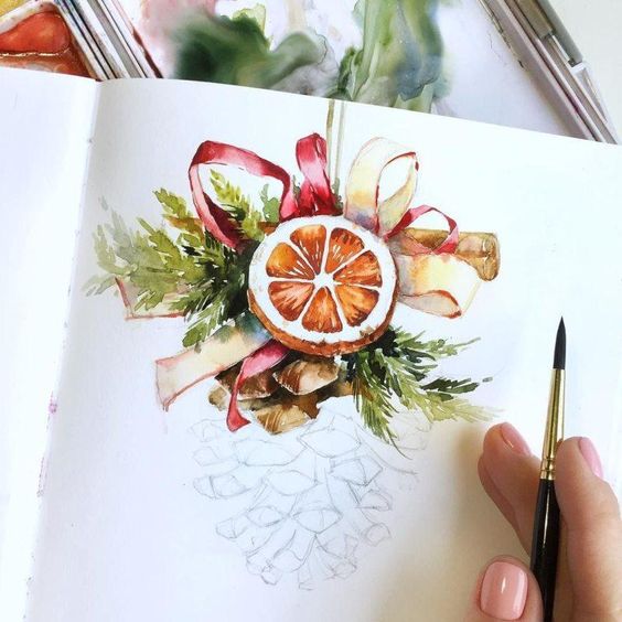 A watercolor painting of a christmas tree with oranges and pinecones.