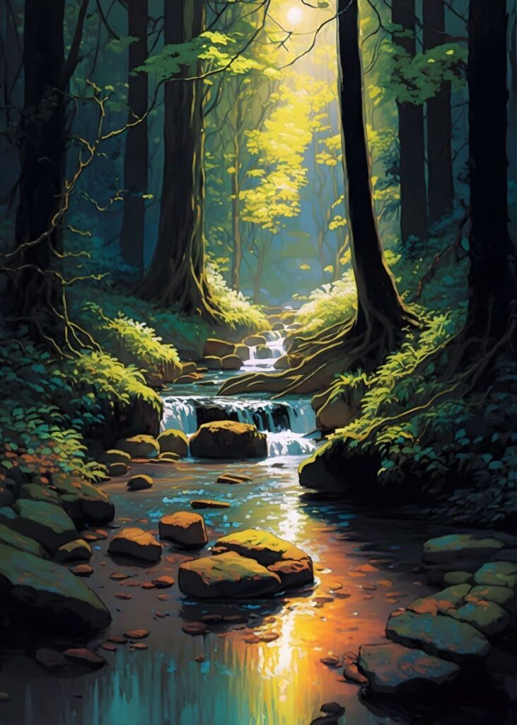 A painting of a stream in the forest.