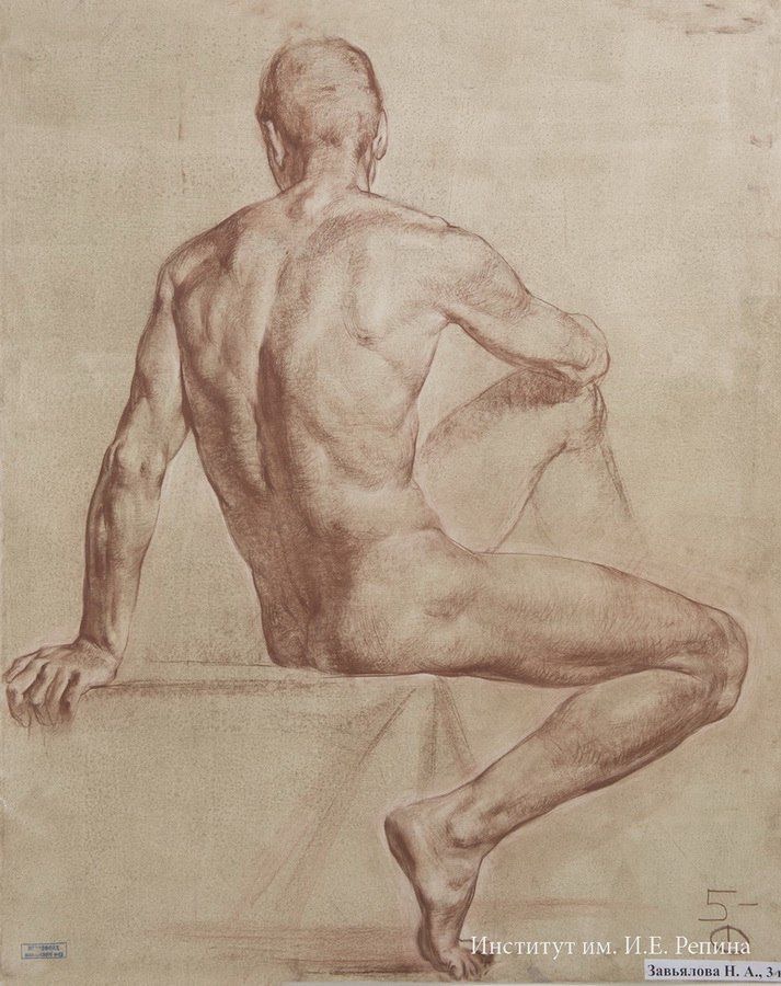 A drawing of a male nude sitting on a bench.