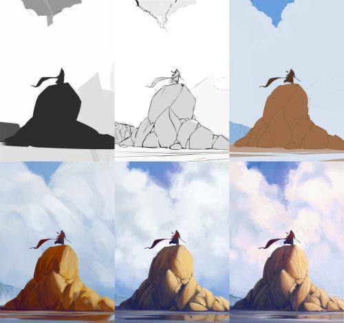 A series of drawings of a man on top of a rock.
