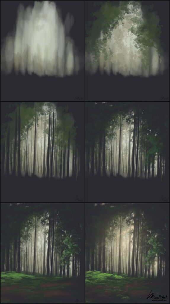 A series of pictures of trees in the forest.