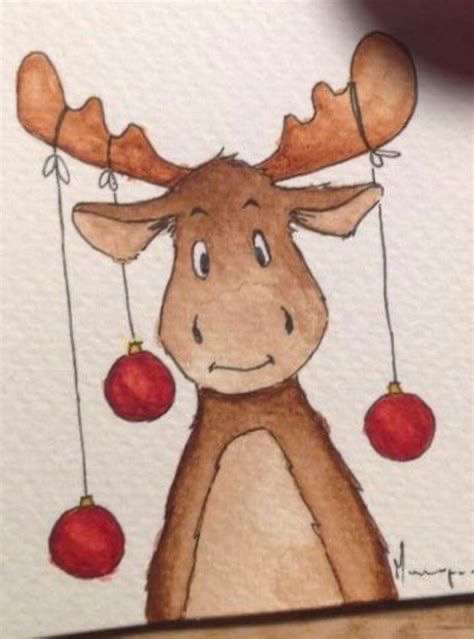 A watercolor painting of a reindeer with christmas ornaments.