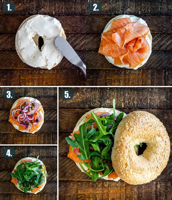 a collage of a bagel sandwich