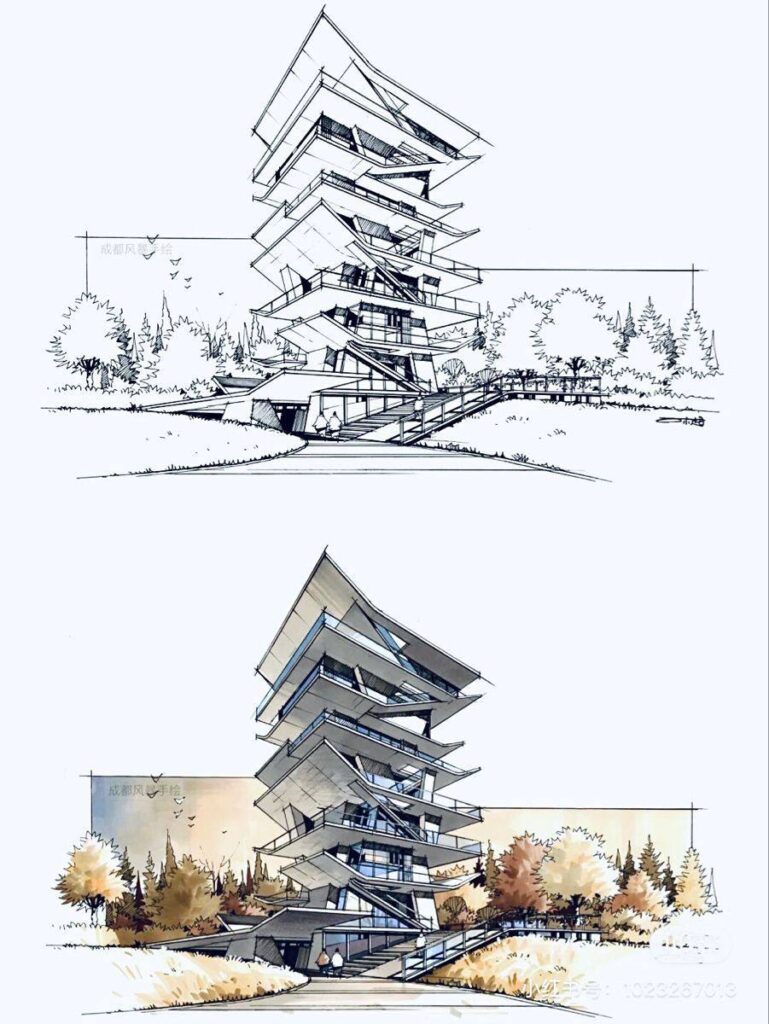 A sketch of a building with a tree in the background.