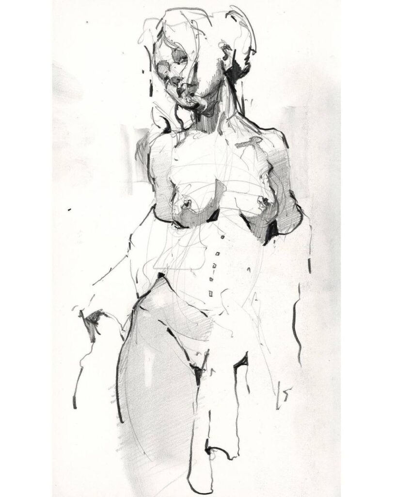 A black and white drawing of a nude woman.