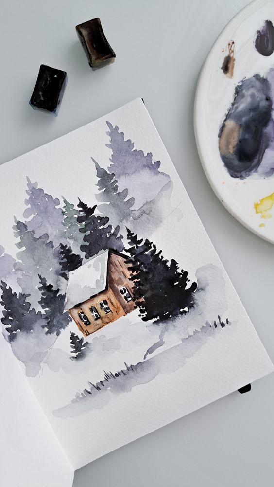 A watercolor painting of a cabin in the woods.