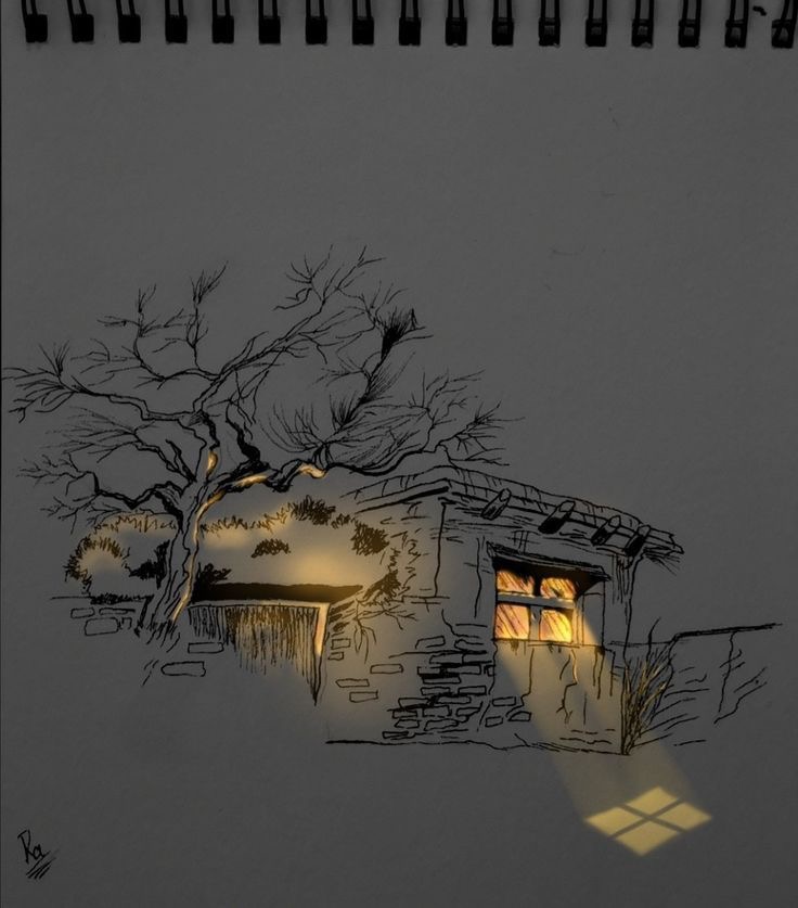 a drawing of a house with a light shining on it