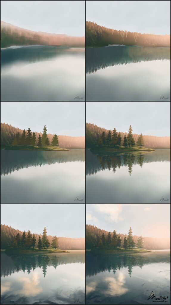 A series of pictures of a lake with trees in the background.