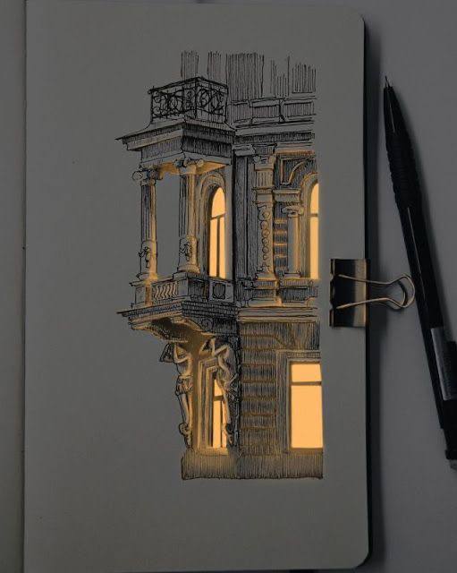 a drawing of a building with a light inside