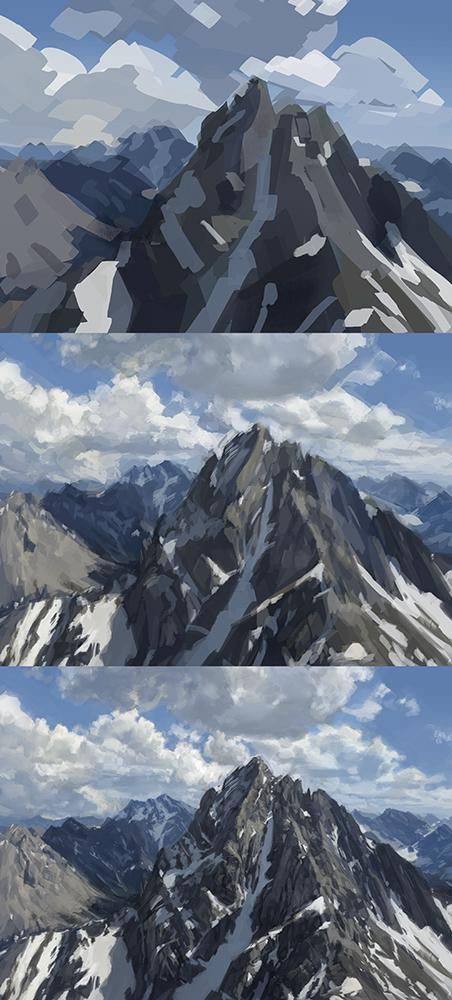 A series of pictures of mountains with snow on them.