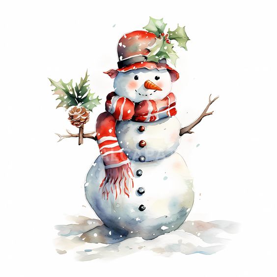 A watercolor snowman holding a holly branch.