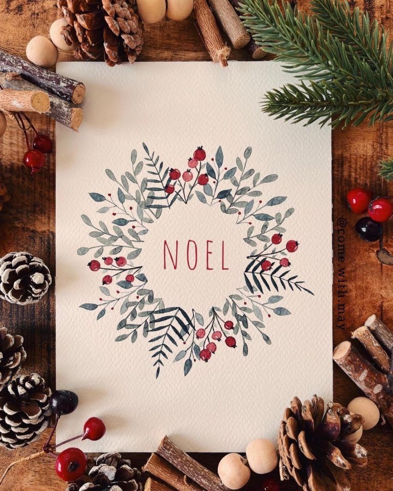 A christmas card with the word noel surrounded by pine cones and berries.