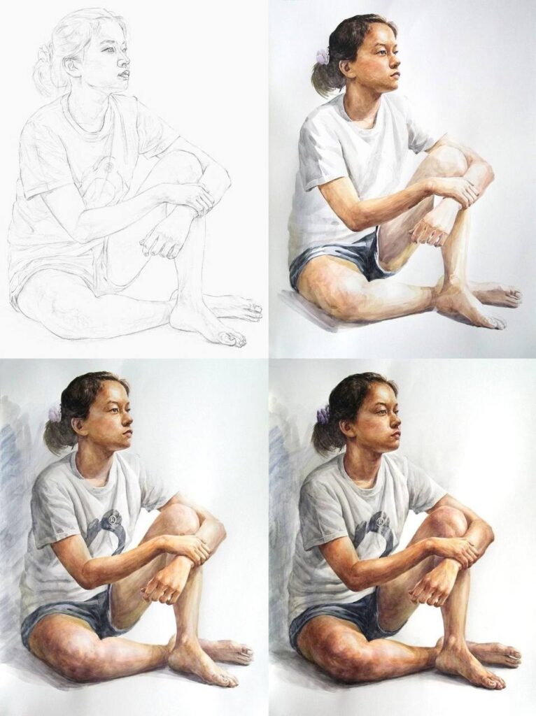 A series of drawings of a girl sitting on her knees.