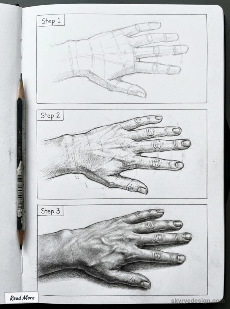 Frame 427321180 Step-by-step hand drawing tutorial on sketchbook demonstrating progression from basic outlines to detailed shading with | Sky Rye Design Step-by-step hand drawing tutorial on sketchbook demonstrating progression from basic outlines to detailed shading with