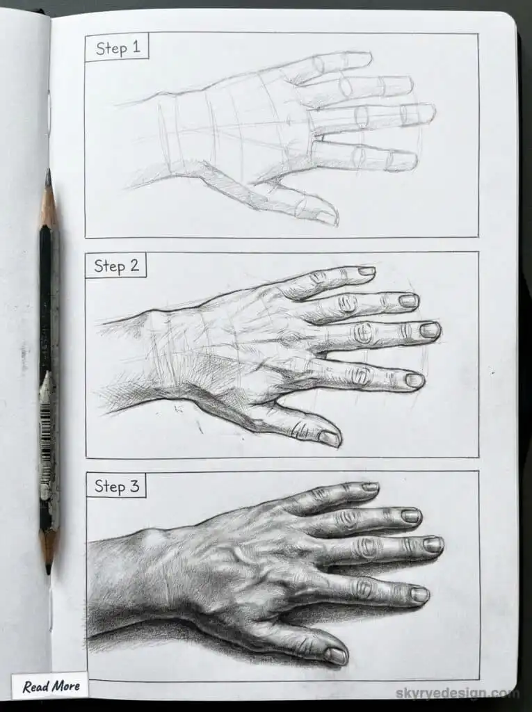 Step-by-step hand drawing tutorial on sketchbook demonstrating progression from basic outlines to detailed shading with
