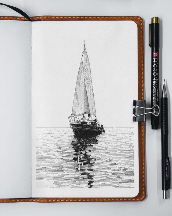 A sketch of a sailboat on the water.