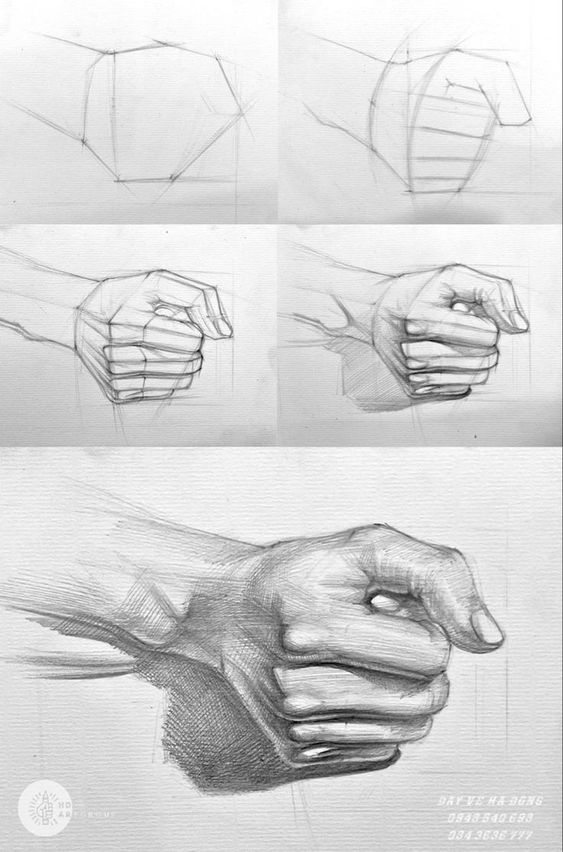 A drawing of a hand showing how to draw it.
