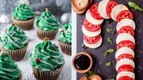 A picture of cupcakes and a picture of a christmas tree.