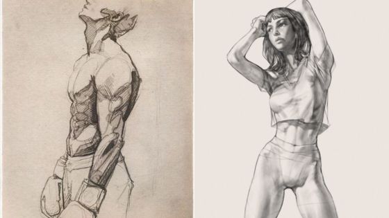 A drawing of a woman and a drawing of a man.