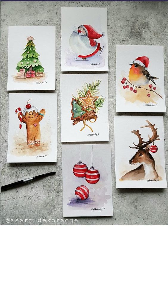A set of watercolor christmas cards with santa and reindeer.