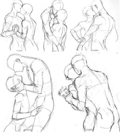 A series of drawings of a man hugging a woman.