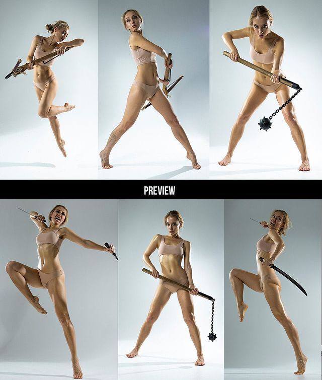 A series of photos of a naked woman holding a sword.