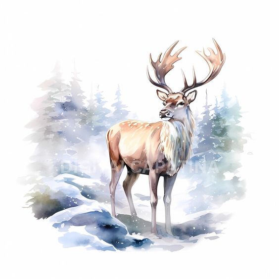 A watercolor painting of a deer in the forest.