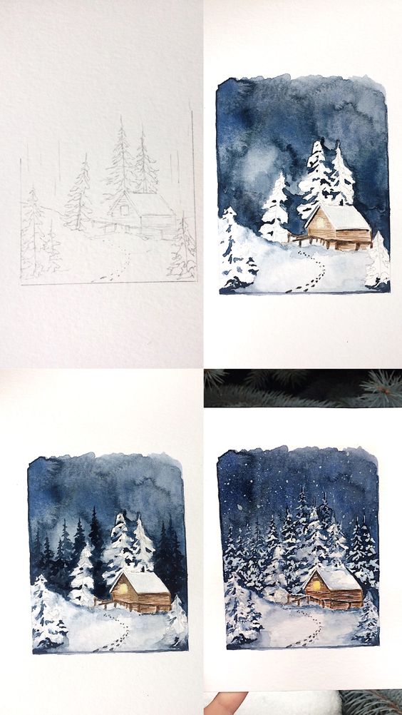 A watercolor painting of a winter scene.