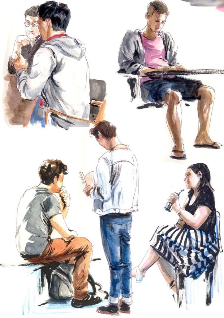 Watercolor sketches of people sitting on benches.