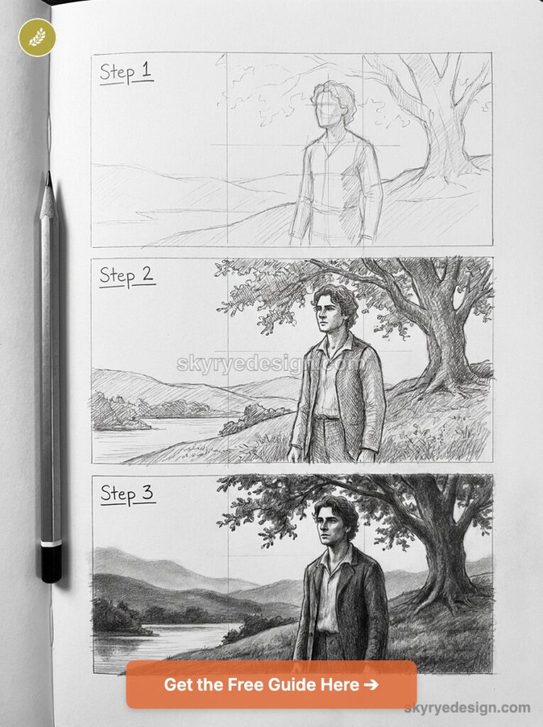 Pencil sketch step-by-step: male figure by tree and lake, three panels showing drawing progression.