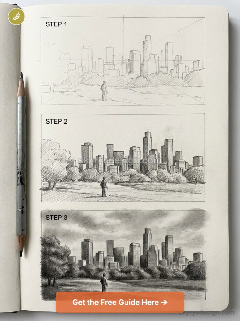 Pencil sketch tutorial: three-step city skyline drawing with lone figure in park, step-by-step progression in sketchbook.