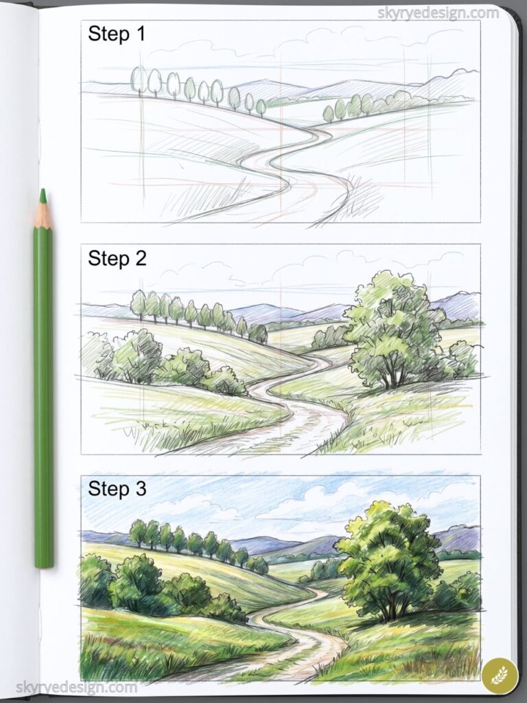 Step-by-step colored pencil landscape tutorial: winding dirt path through rolling green hills, trees, and distant mountains.