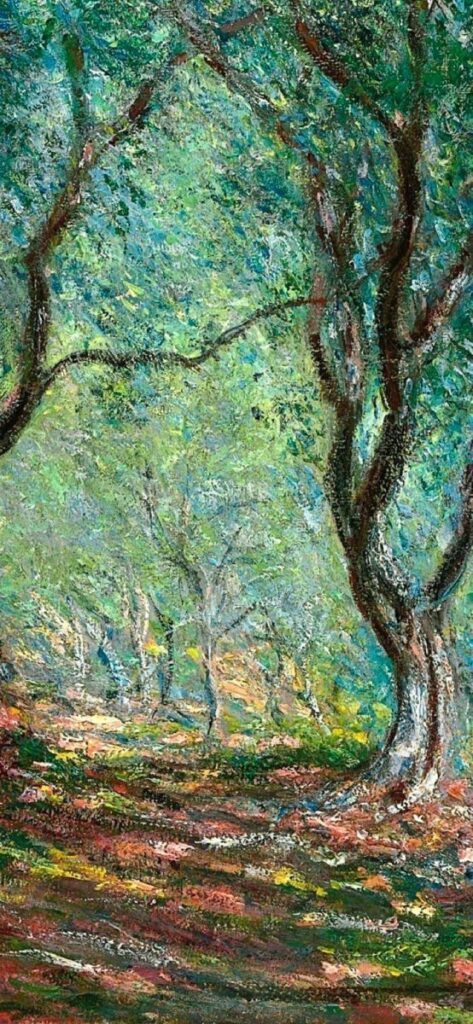 a painting of trees in a forest