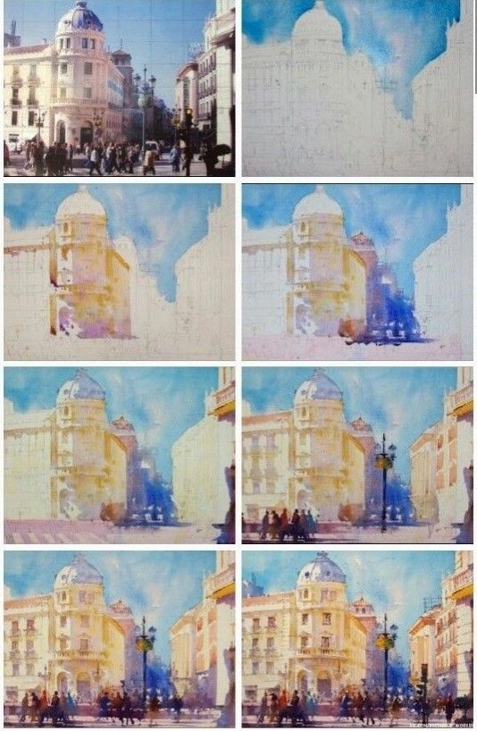 A series of watercolor paintings of buildings in a city.