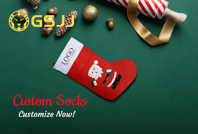 Custom Christmas stocking with Santa design on green background, surrounded by festive decorations.