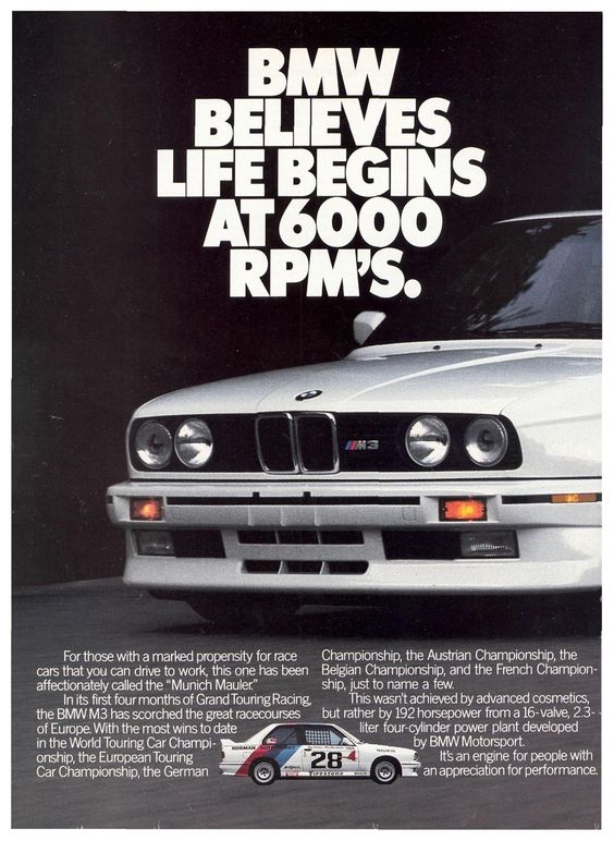 A bmw m3 ad with the words bmw believes life begins at 6000 rpms.