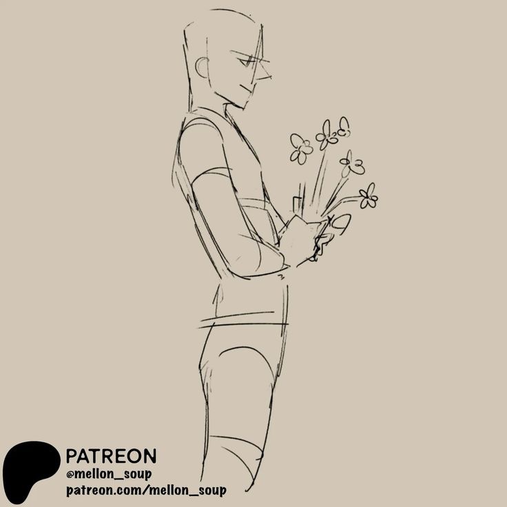 A drawing of a man holding flowers.