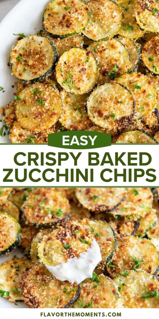 Easy crisp-baked zucchini chips on a white plate.