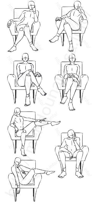 A set of drawings of a man sitting on a chair.