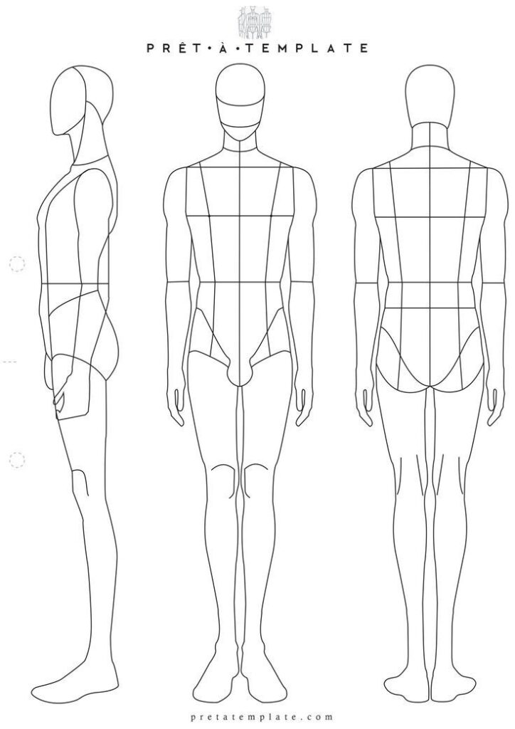 A mannequin template showing the front, side, and back of the mannequin.