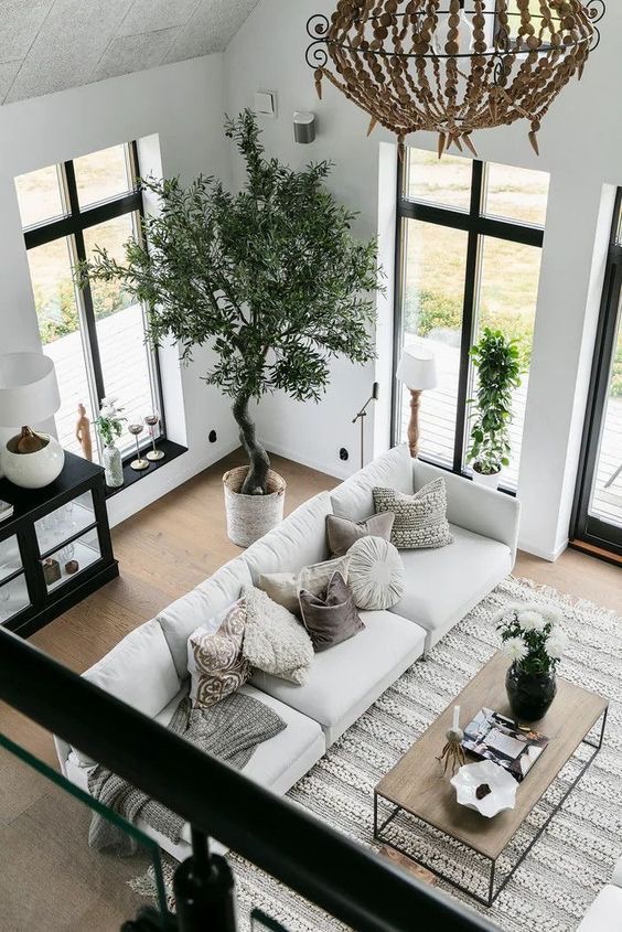 A white living room with a large tree in the middle.