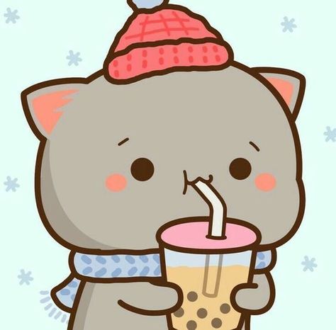 A cartoon cat drinking a cup of bubble tea.