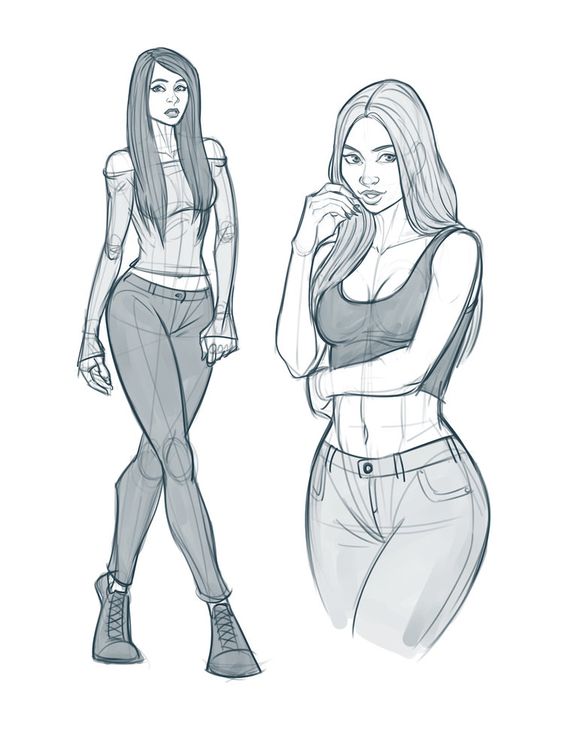 Two sketches of a woman in jeans and a tank top.