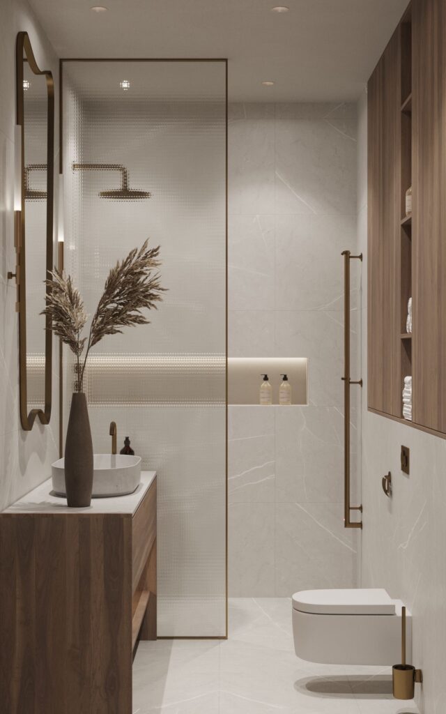 A modern bathroom with white walls and wooden floors.