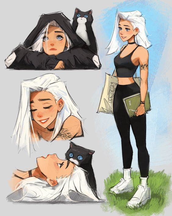 A series of drawings of a girl with white hair and a cat.